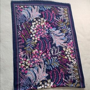 Navy blue floral scarf with pink, yellow, white, green print
